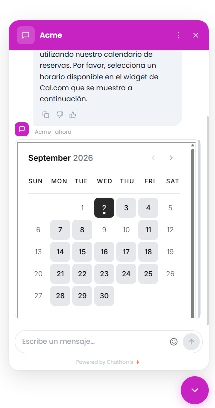 Calendario de Cal.com embebido dentro del widget de ChatNorris mientras un visitante agenda una reunión