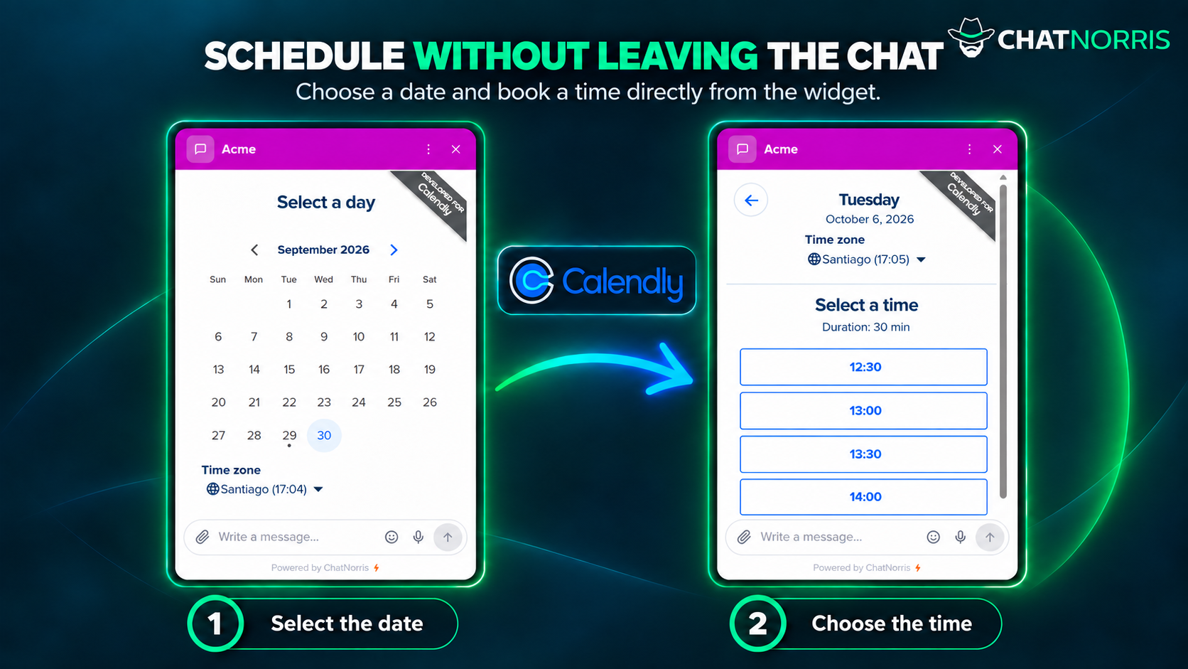 Calendly calendar inside the ChatNorris widget while a visitor books a meeting