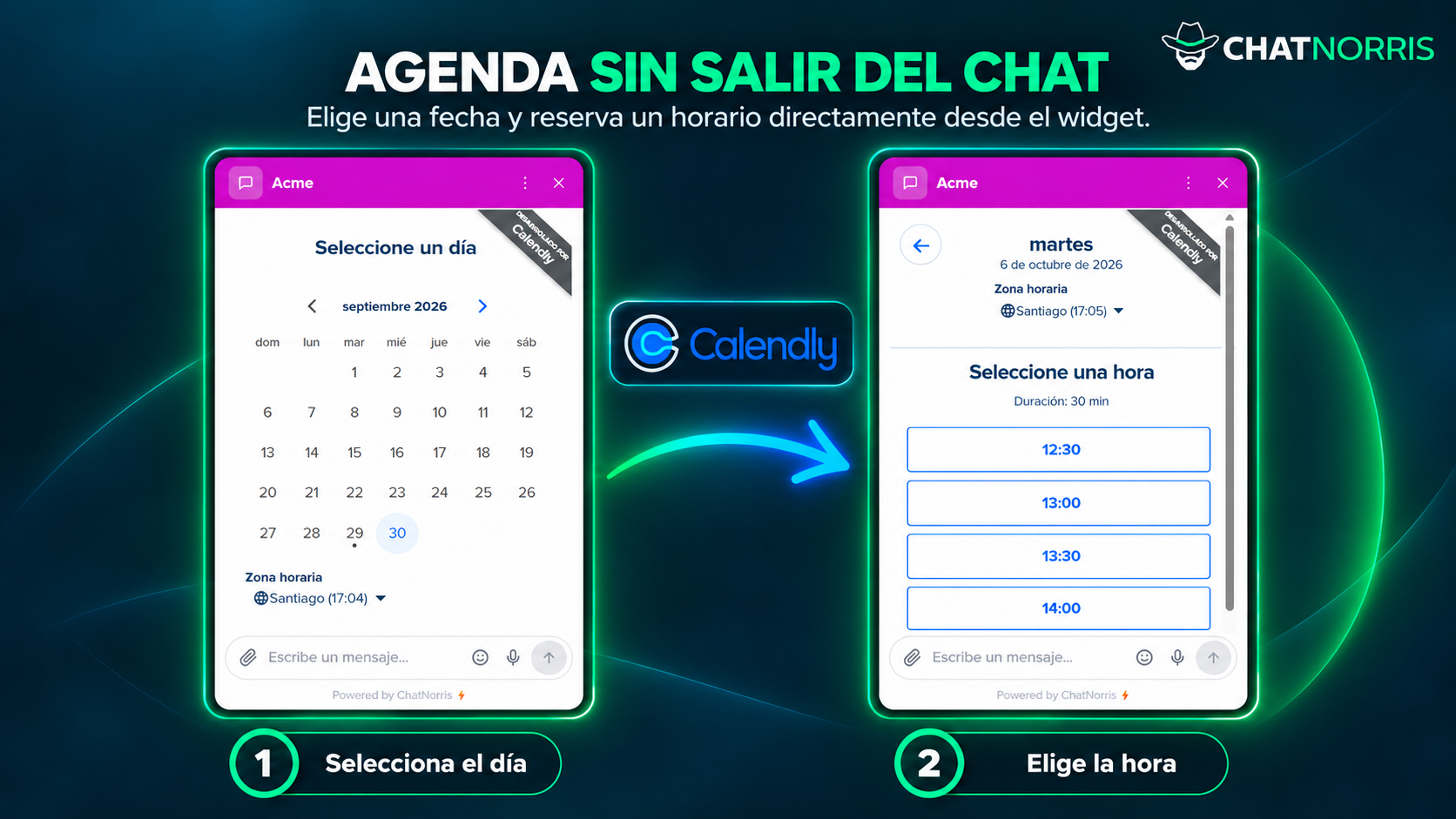 Calendario de Calendly dentro del widget de ChatNorris mientras un visitante agenda una reunión