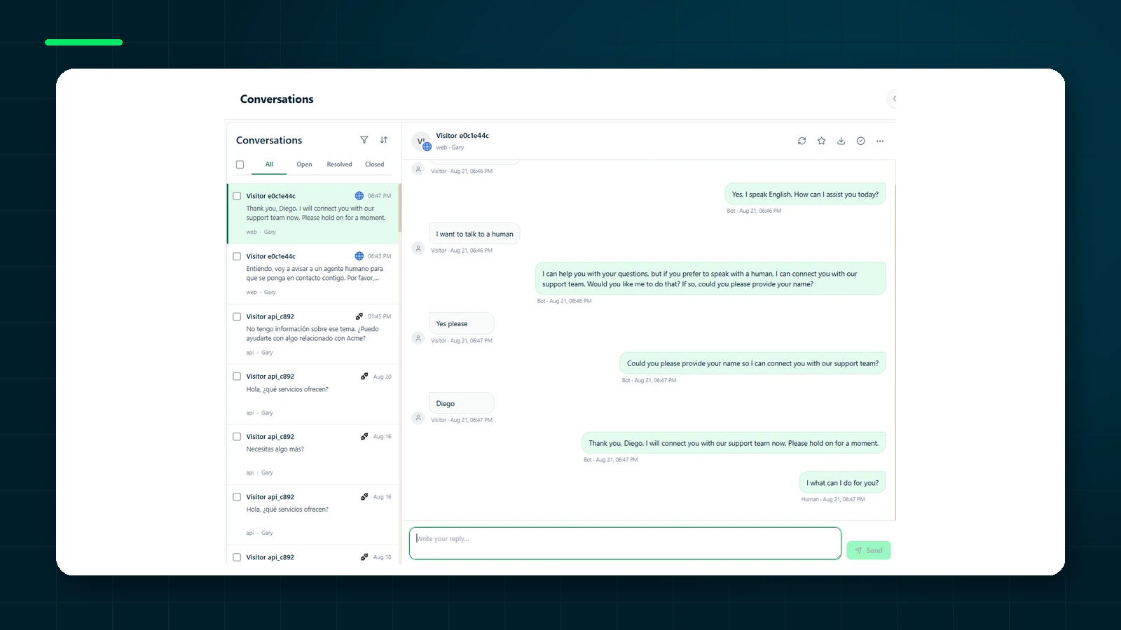 ChatNorris inbox showing a conversation handled by AI and transferred to a person