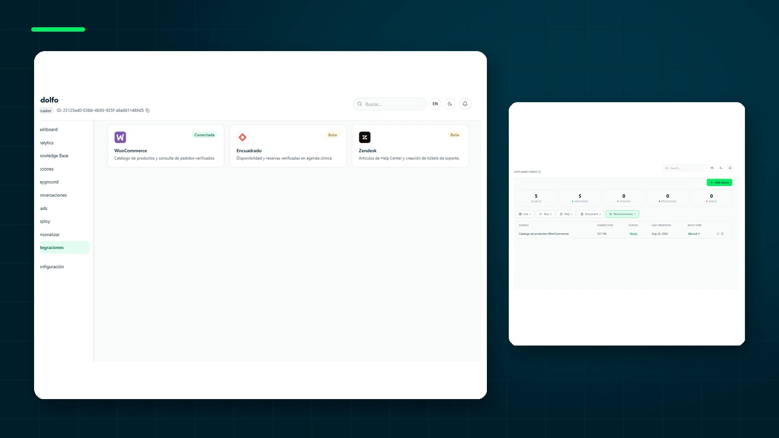 Hub de integraciones de ChatNorris junto con una fuente de conocimiento de WooCommerce