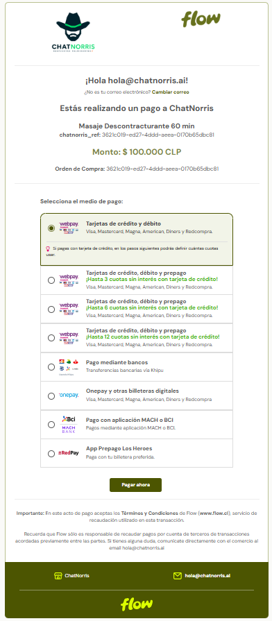 Flow payment page showing the available payment methods