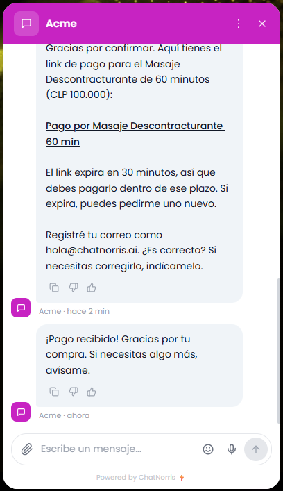 Chat widget showing the payment received confirmation