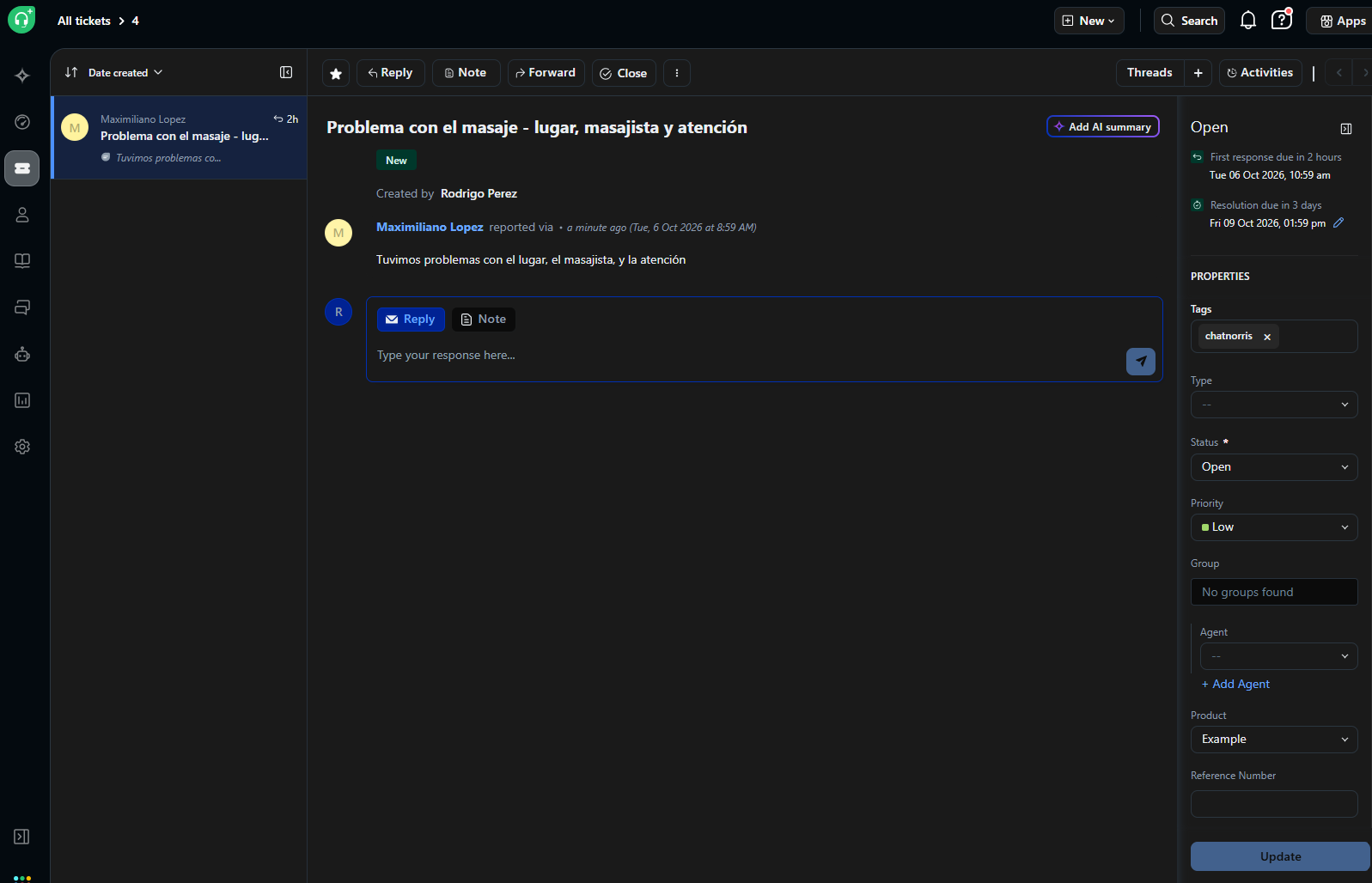 El mismo ticket creado por el agente, visto en Freshdesk