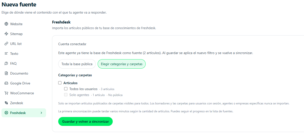 Base de conocimientos de ChatNorris con Freshdesk conectado como fuente