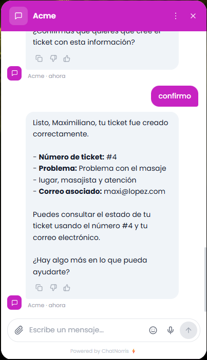 Widget de ChatNorris confirmando la creación de un ticket de Freshdesk
