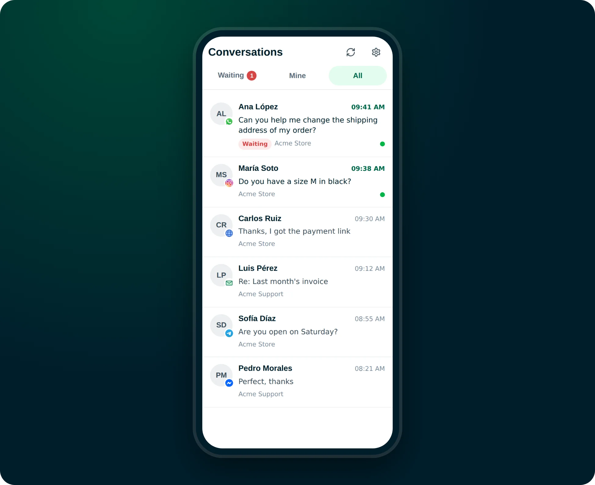 ChatNorris conversations inbox on a phone, with messages from WhatsApp, Instagram, web, email, Telegram and Messenger