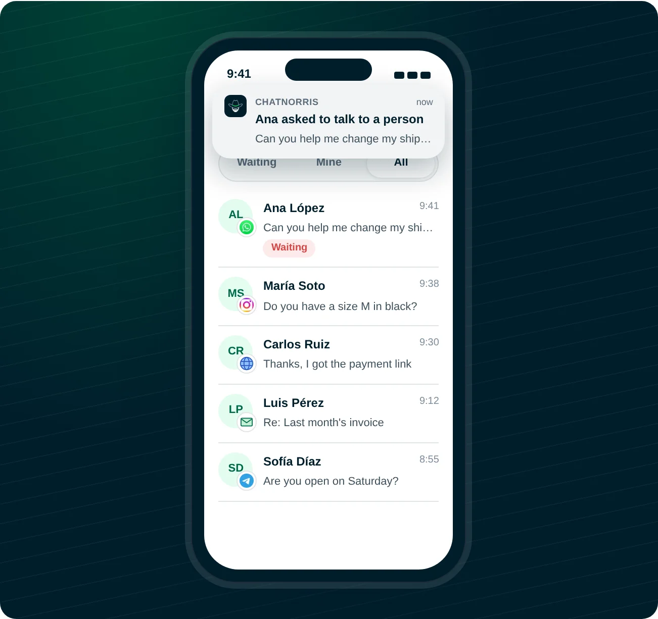 Phone showing a ChatNorris notification: Ana asked to talk to a person, over the conversations inbox