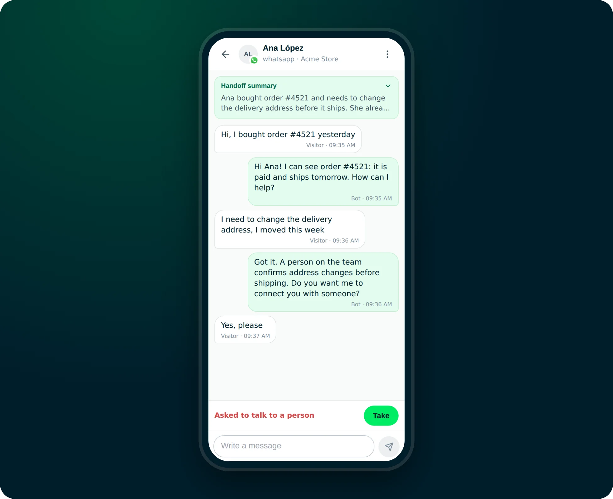 Conversation open on a phone with the handoff summary, the history with the bot and the Take button
