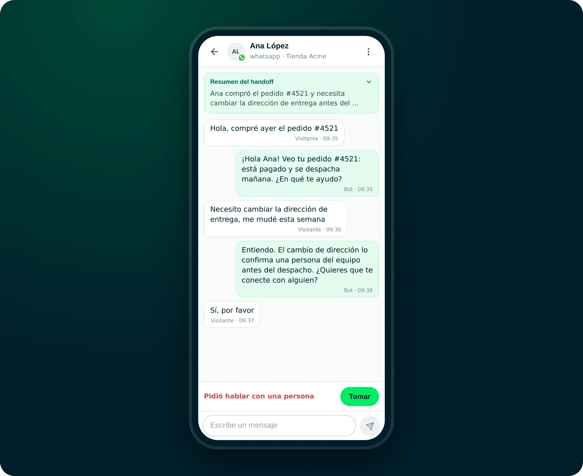 Conversación abierta en el celular con el resumen del handoff, el historial con el bot y el botón Tomar