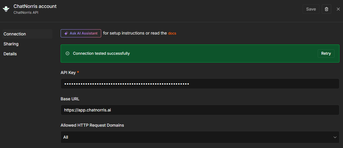 Credencial ChatNorris API en n8n con el campo de API key