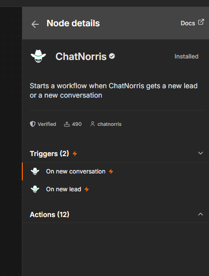 El nodo verificado de ChatNorris en el panel de nodos de n8n