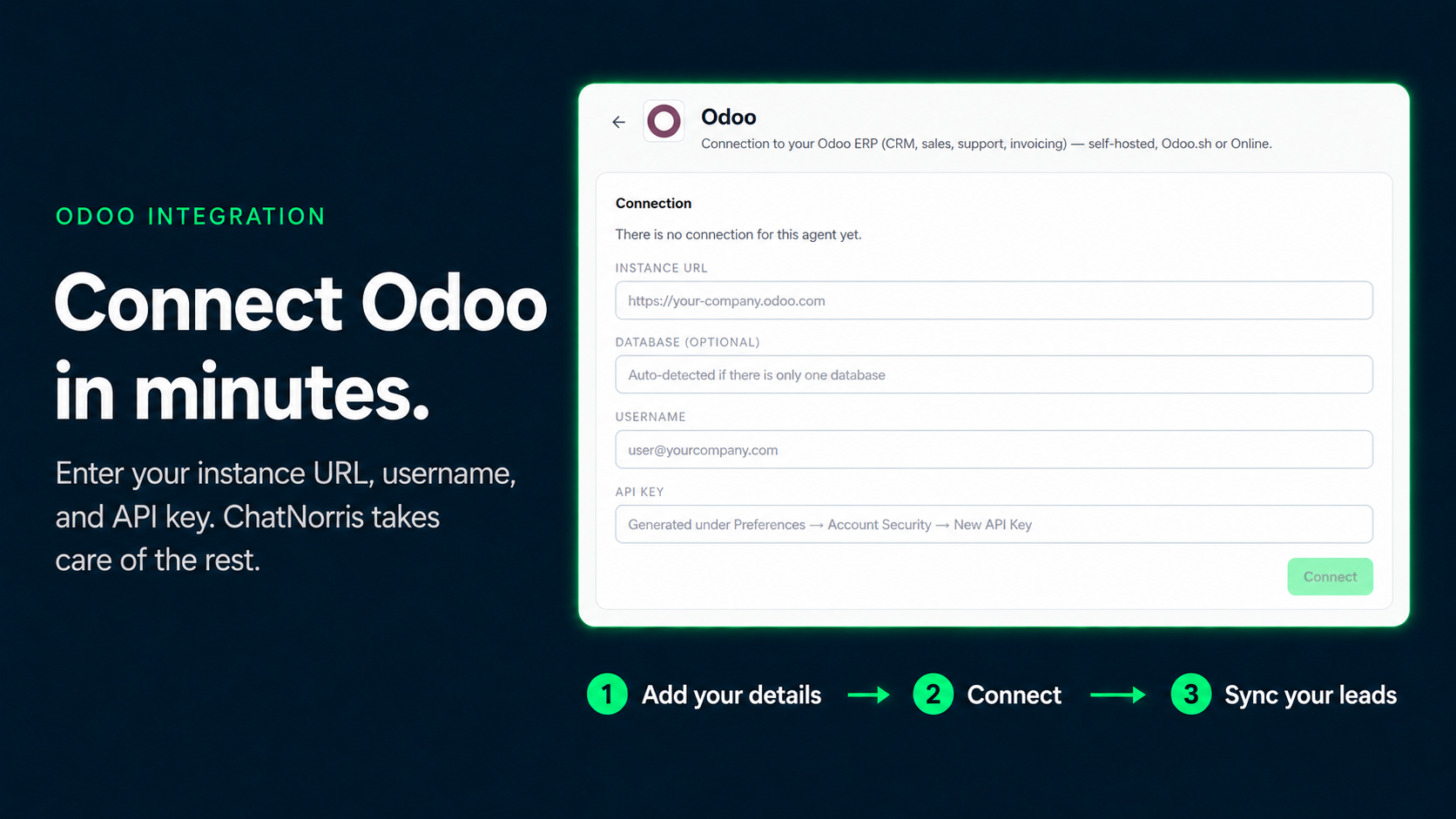 Odoo connection screen in the ChatNorris integrations hub