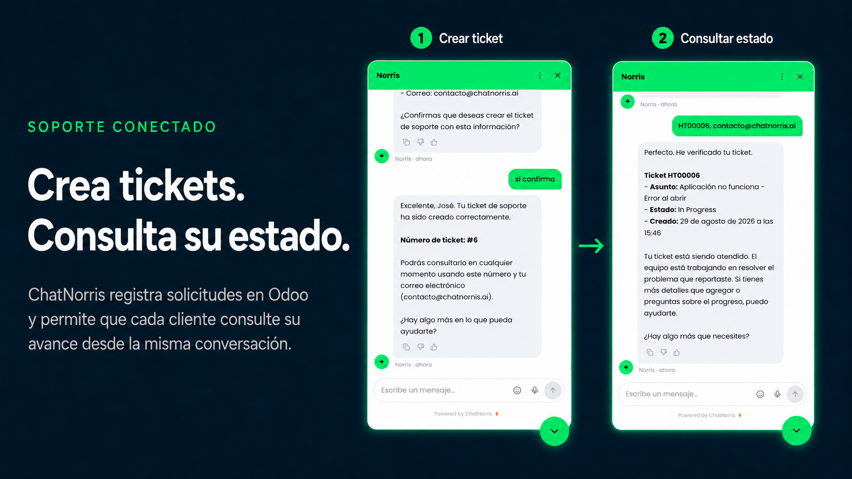 Ticket de soporte creado por el agente de ChatNorris visible en Odoo Helpdesk