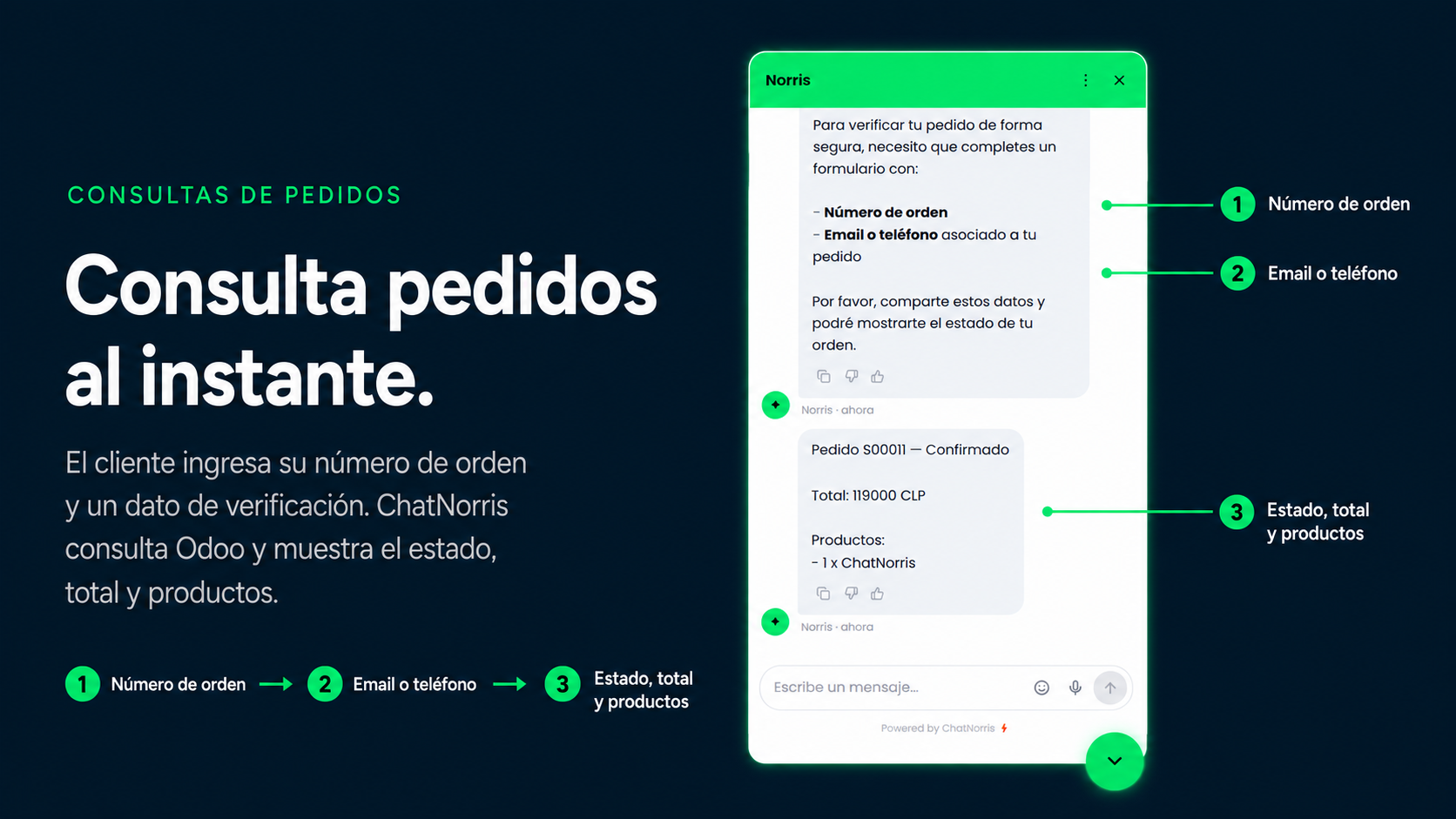 Formulario de consulta de estado de pedido dentro del widget de ChatNorris
