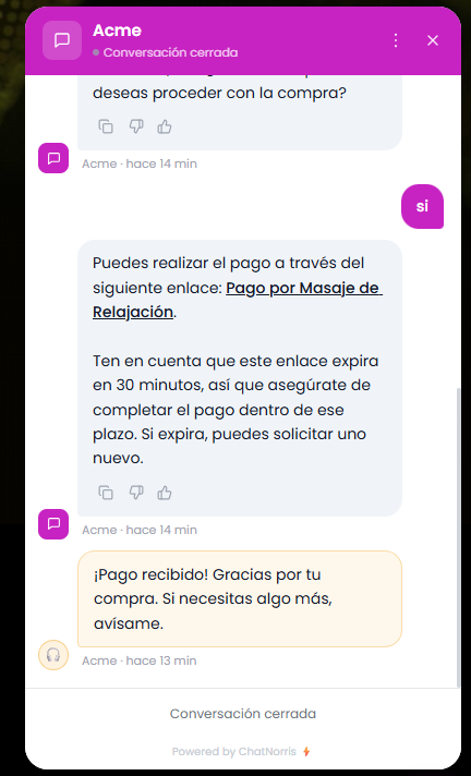 Widget del chat mostrando la confirmación de pago recibida, con la conversación cerrada automáticamente