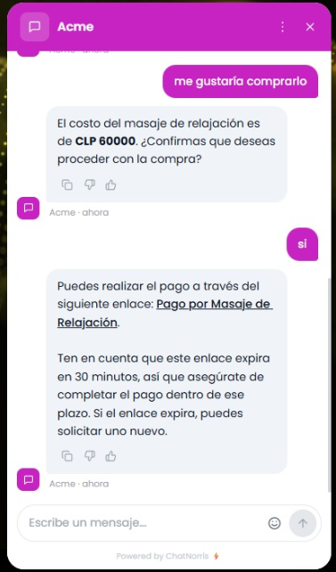 Agente de ChatNorris entregando un link de pago de SumUp dentro del widget del chat