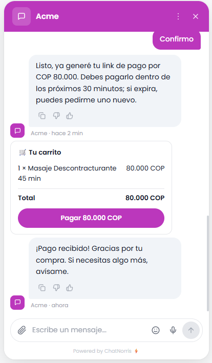 Widget del chat mostrando la confirmación de pago recibido