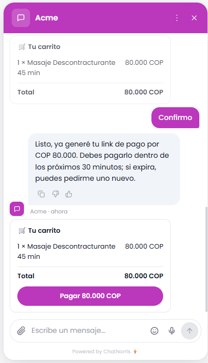 Agente de ChatNorris entregando un link de pago de Wompi dentro del widget del chat