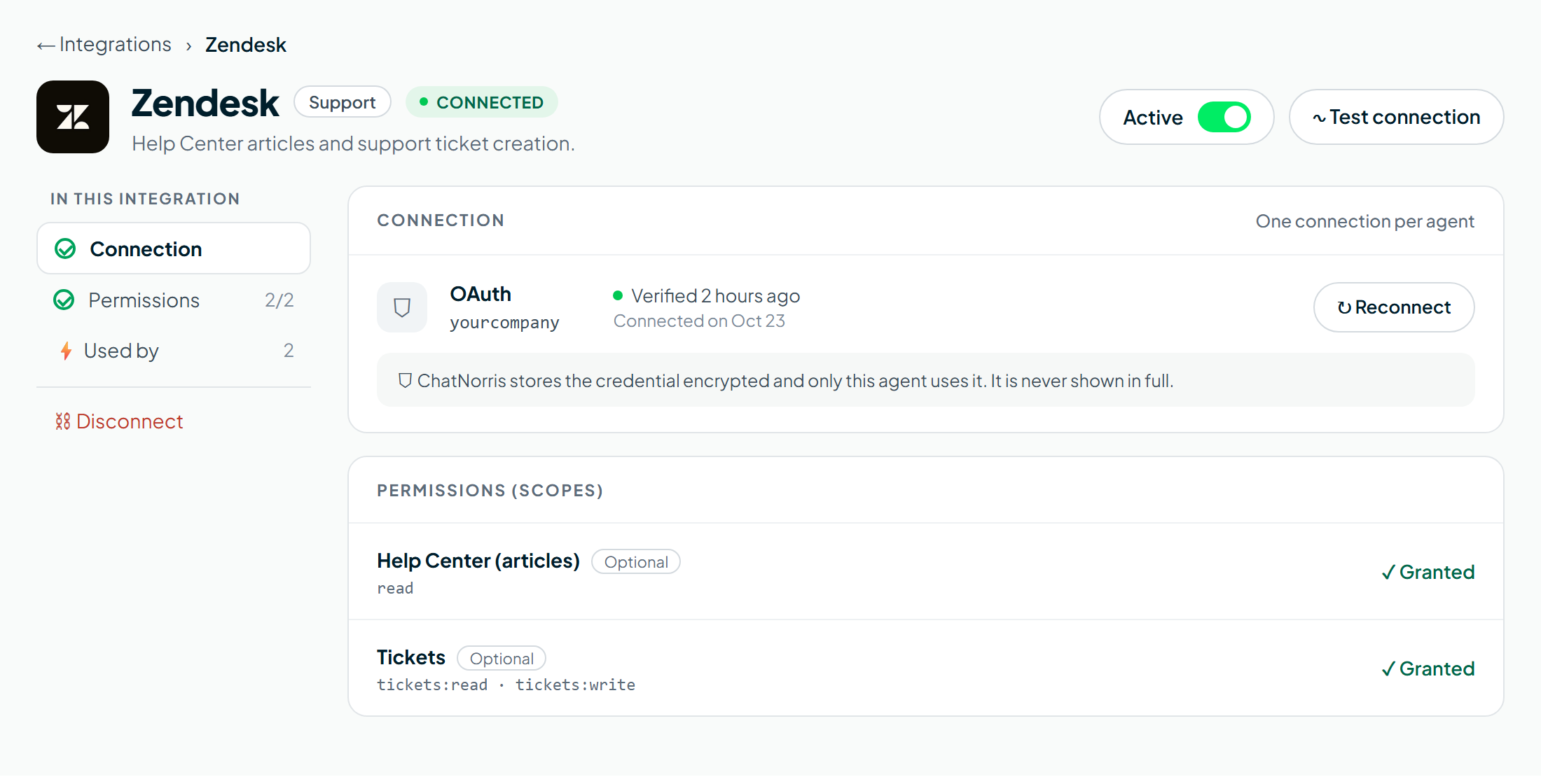 Zendesk integration connected in the ChatNorris Integrations hub
