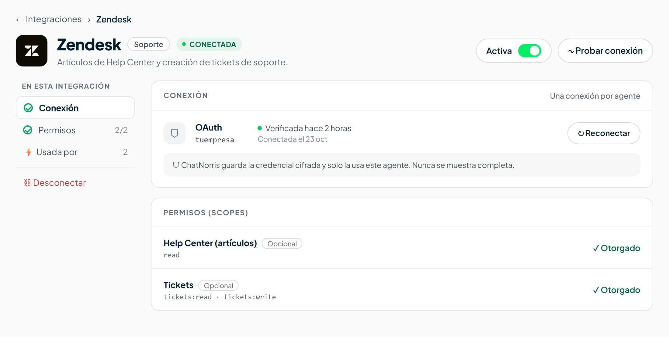 Integración de Zendesk conectada en el hub de Integraciones de ChatNorris