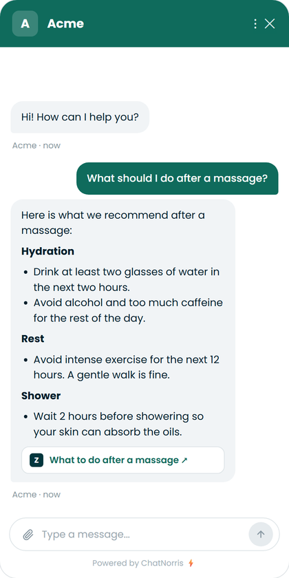 ChatNorris widget answering with a Zendesk Help Center article