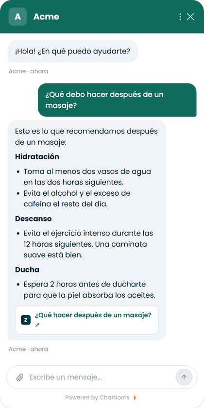 Widget de ChatNorris respondiendo con un artículo del Help Center de Zendesk