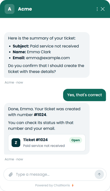 ChatNorris widget confirming the creation of a Zendesk ticket