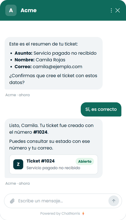 Widget de ChatNorris confirmando la creación de un ticket de Zendesk