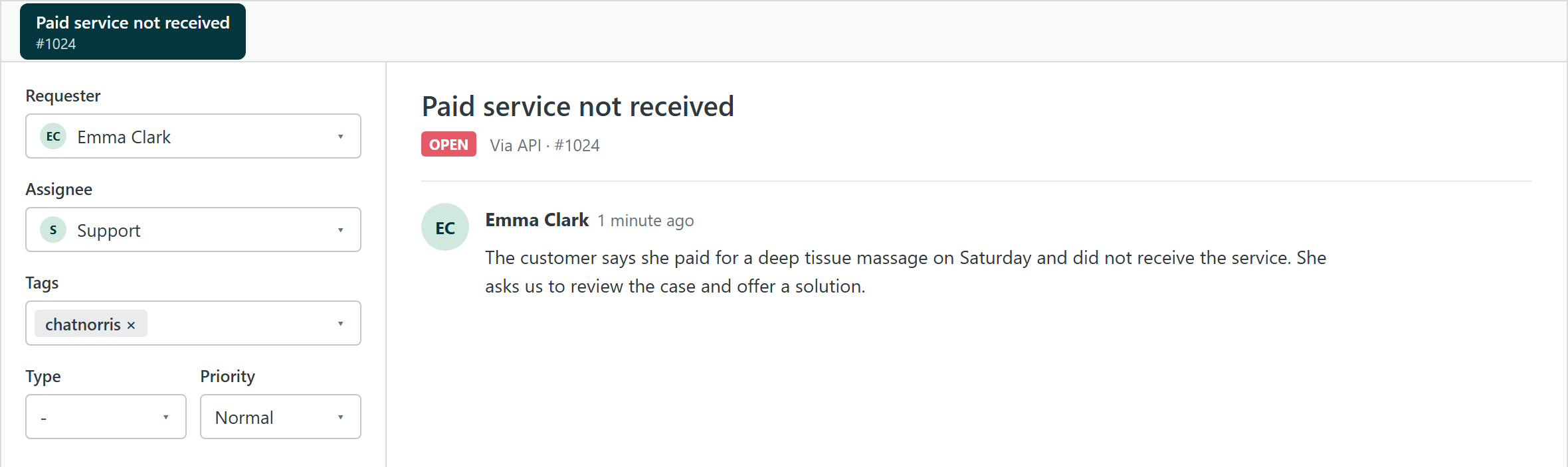 The ticket created by the agent, seen in Zendesk with the chatnorris tag