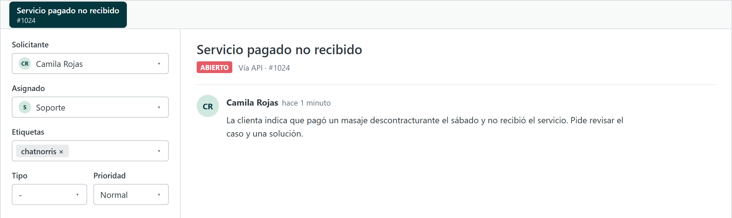 El ticket creado por el agente, visto en Zendesk con la etiqueta chatnorris